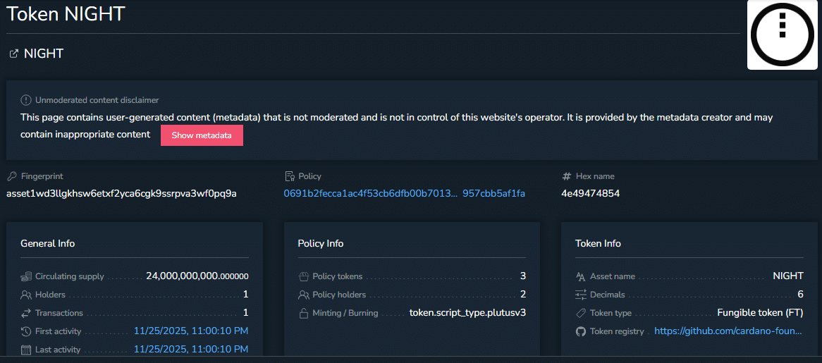 Hoskinson 展示了 Midnight Token 在 Cardano 上的最终部署作为原生资产。